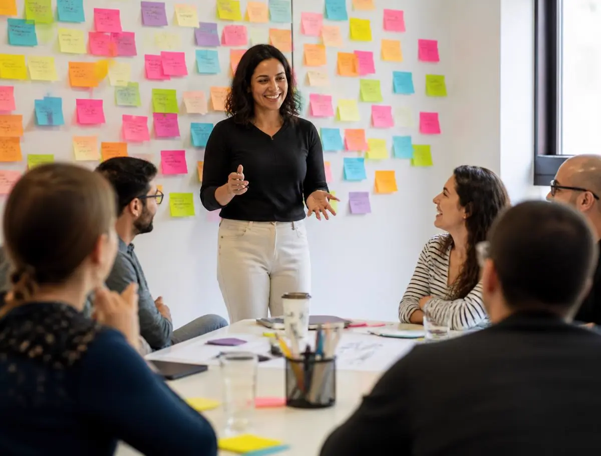 Professionnels réunis autour d'une animatrice pendant un atelier collectif