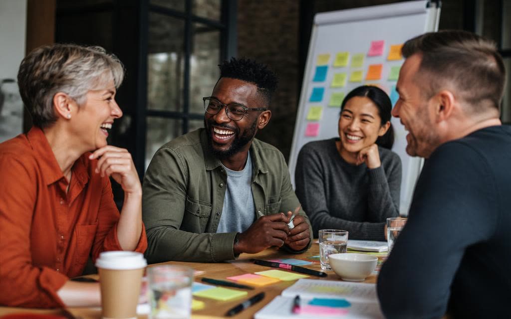 Quatre personnes rient autour d'une table de travail couverte de post-it, un paperboard en arrière-plan